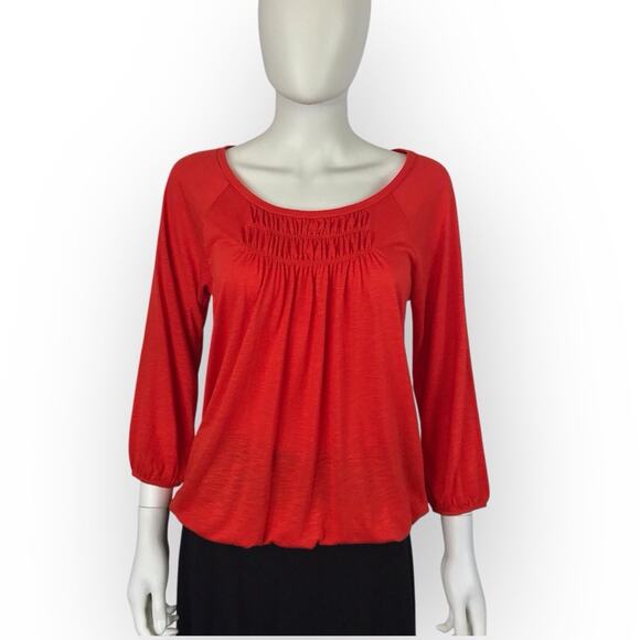Ann Taylor Red Smocked 3/4 Sleeve Tee Shirt Blouse - Picture 1 of 6